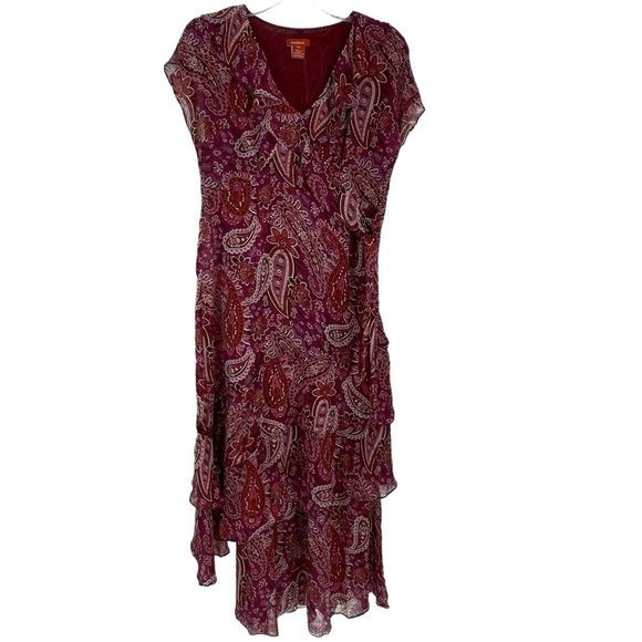 Sundance 100% Silk Maroon Paisley Ruffle Flutter Tier Maxi Dress - Sz 10P - Picture 1 of 16